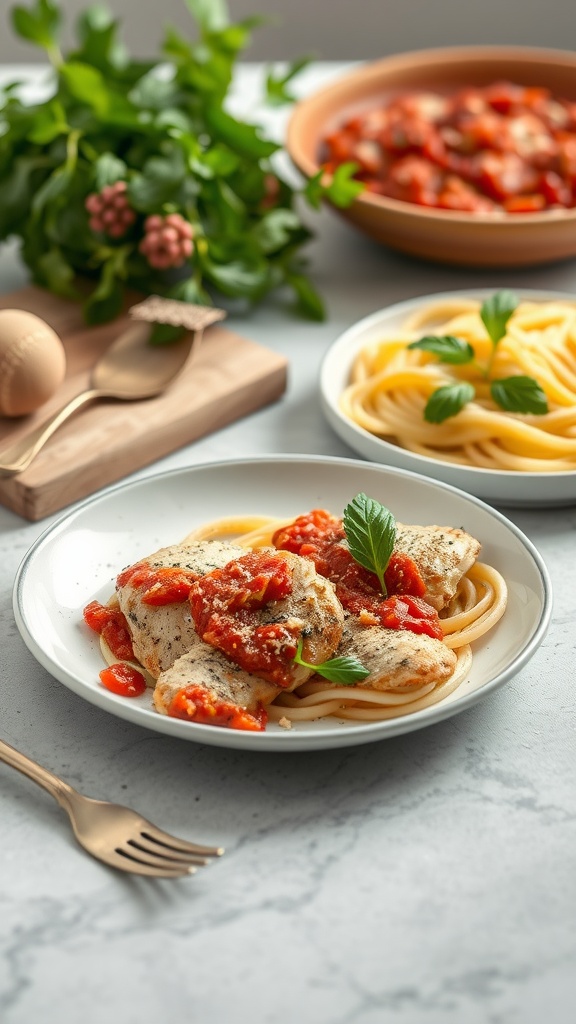 Delicious Italian Herb Chicken Thighs served with pasta and garnished with fresh herbs.