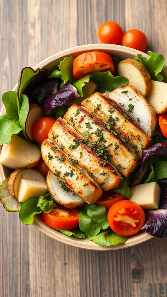 A colorful bowl of Italian Herb Grilled Chicken Salad with chicken, greens, and assorted vegetables.