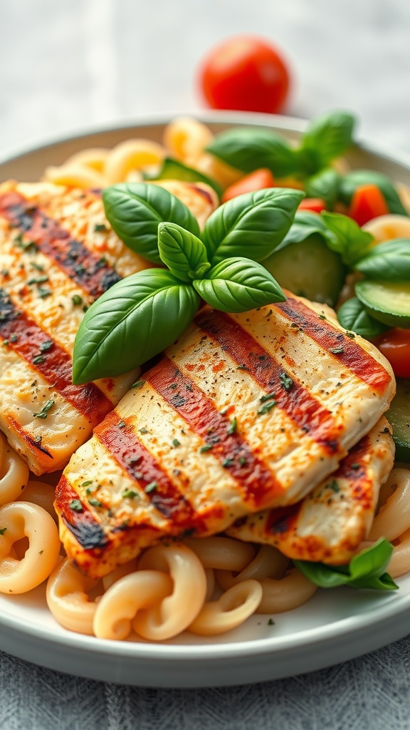 Grilled chicken strips with Italian herbs served on pasta with vegetables.