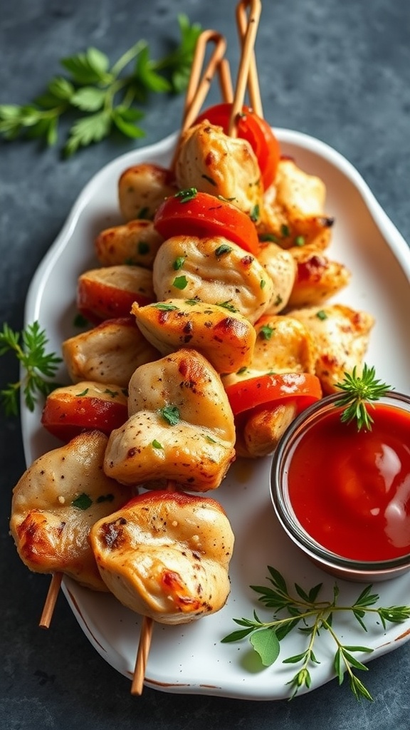 Delicious Italian herb infused chicken skewers with cherry tomatoes.