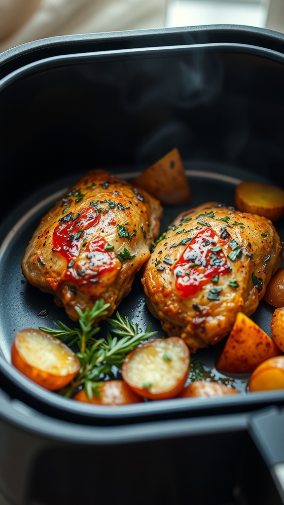 Italian herb marinated chicken thighs with potatoes and herbs cooked in an air fryer.
