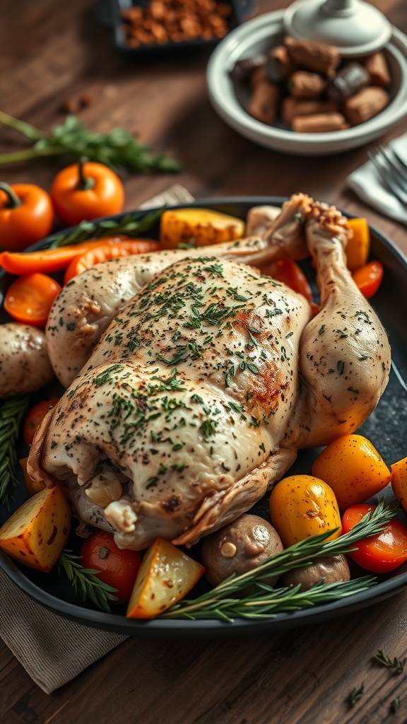 A beautifully roasted chicken breast garnished with herbs and surrounded by colorful vegetables.