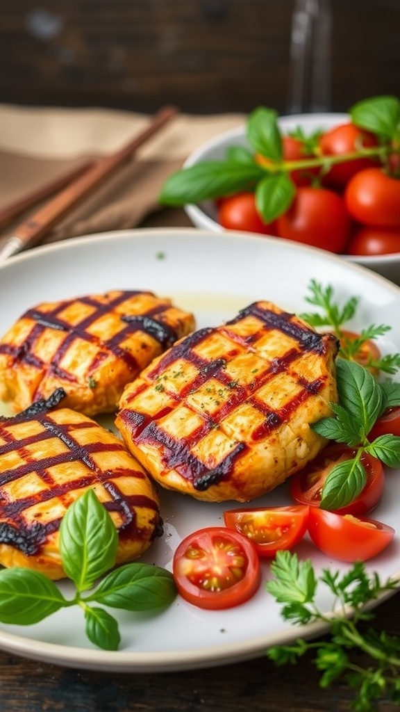 Grilled Italian marinated chicken thighs with tomatoes and herbs on a plate