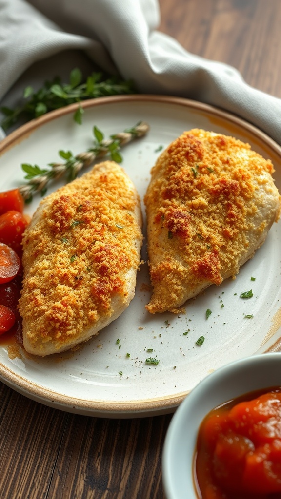 A plate of Italian Parmesan Crusted Chicken with a side of vegetables and marinara sauce.