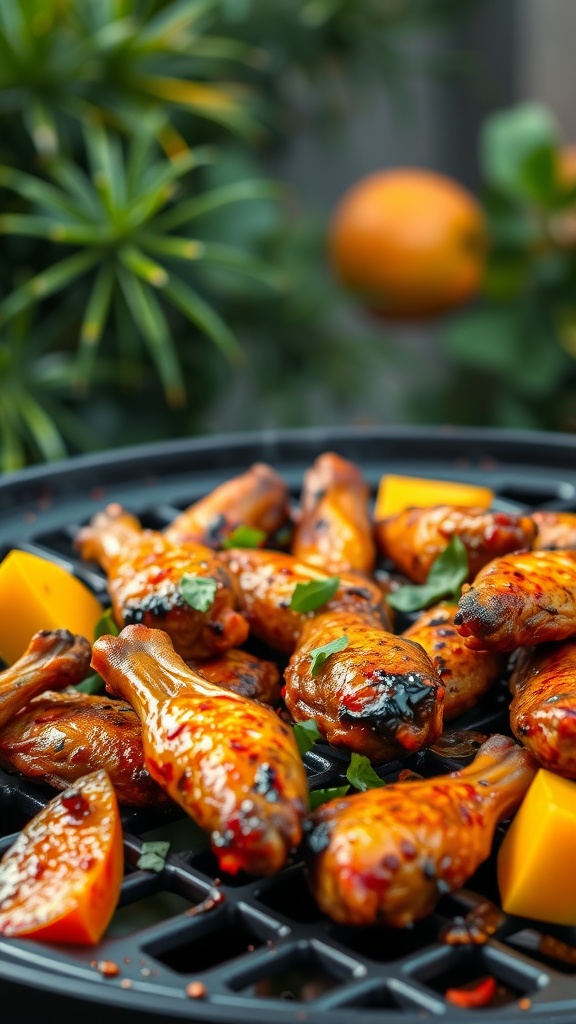 A plate of Jamaican jerk chicken wings garnished with herbs and lime.