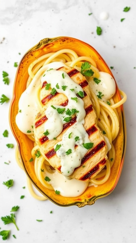 A delicious serving of Keto Chicken Alfredo with Spaghetti Squash