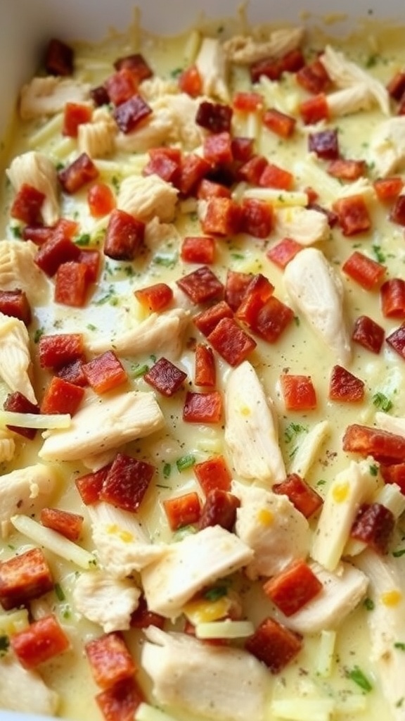 A delicious Keto Chicken Bacon Ranch Casserole with chicken, bacon, and ranch sauce.