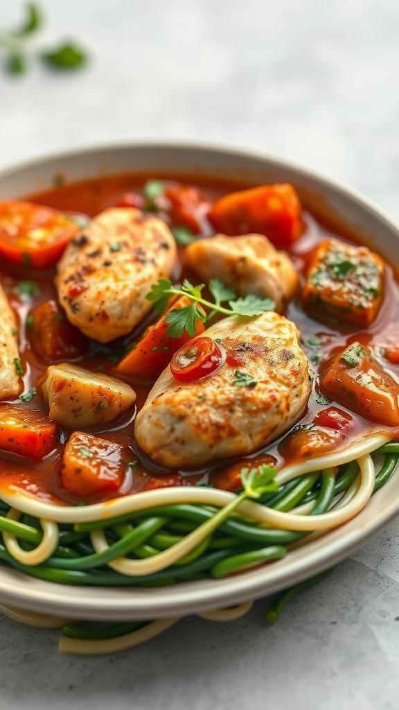 Plate of Keto Chicken Cacciatore with chicken breasts in tomato sauce and herbs.