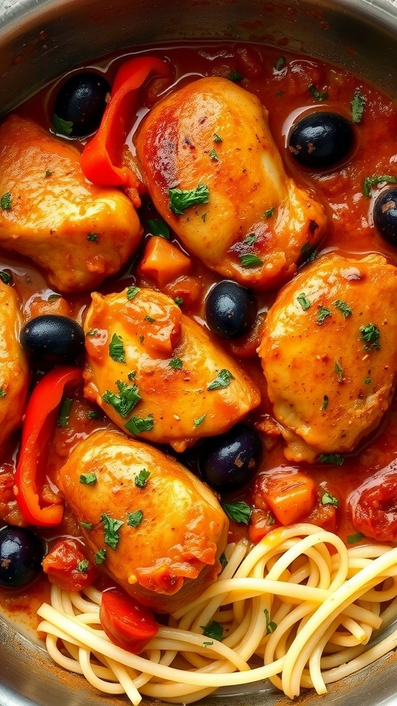 A delicious plate of Keto Chicken Cacciatore with chicken, olives, and bell peppers.
