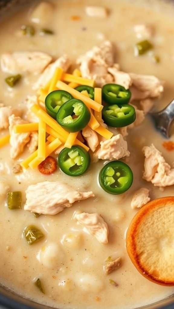 A bowl of creamy Keto Chicken Chili topped with cheese and jalapeños.