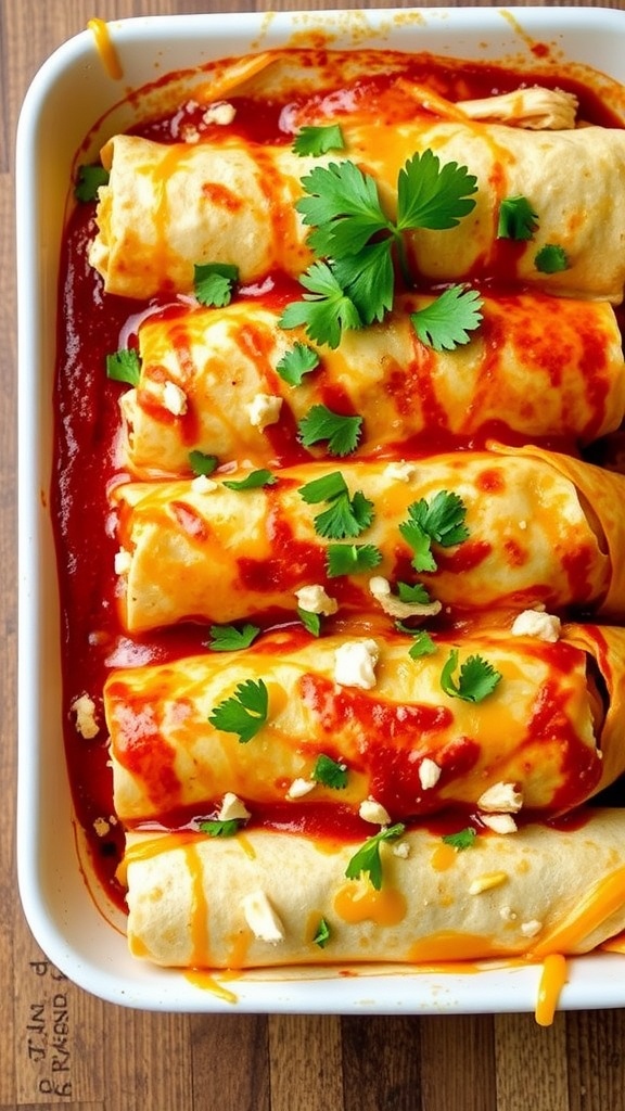 Delicious Keto Chicken Enchiladas topped with cheese and cilantro.