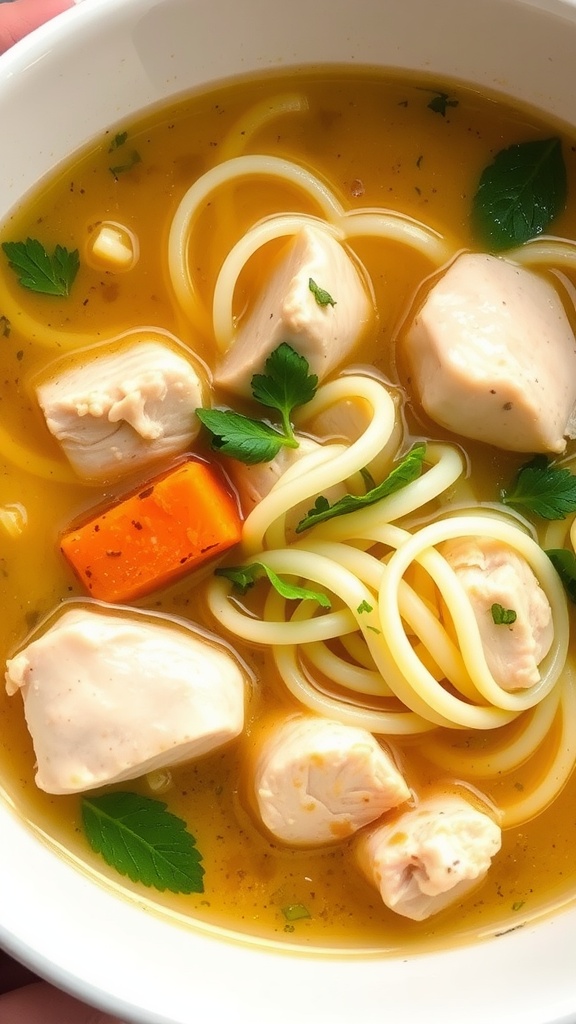 A warm bowl of Keto Chicken Noodle Soup with chicken chunks, noodles, and vegetables.