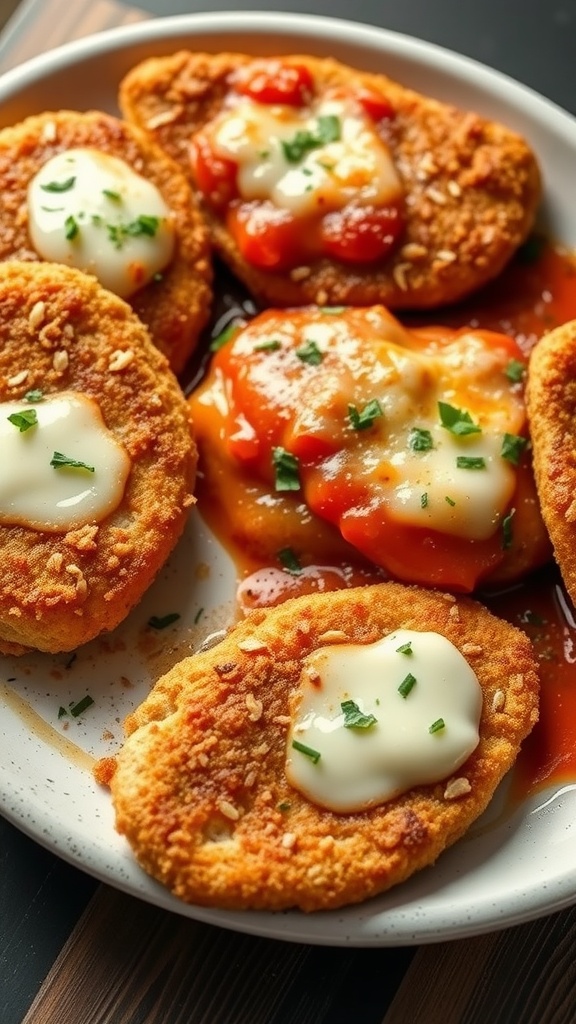 A plate of crispy Keto Chicken Parmesan with marinara sauce and melted cheese.