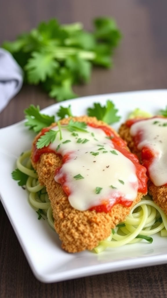 A plate of Keto Chicken Parmesan topped with marinara sauce and melted cheese on zucchini noodles.