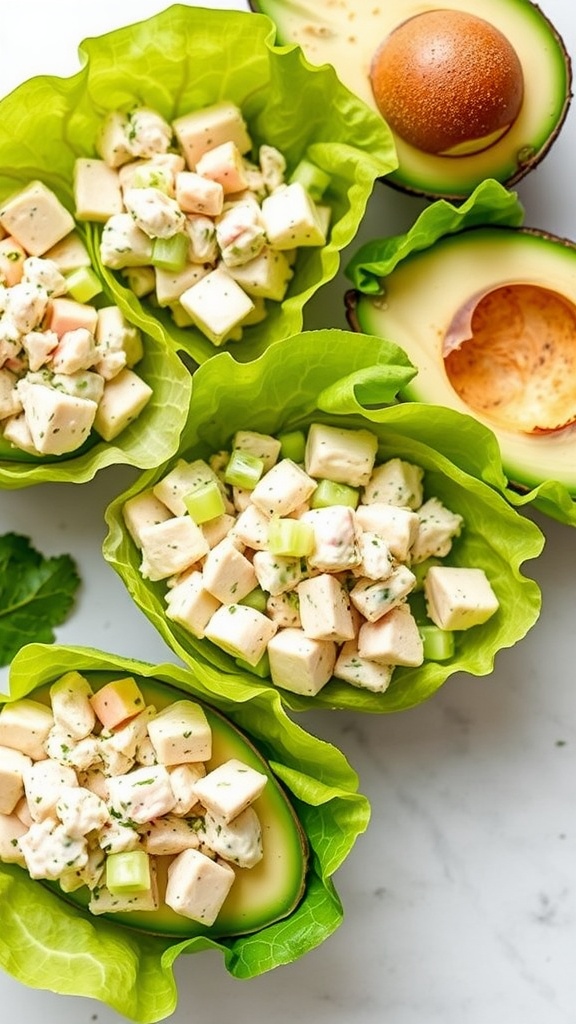 A delicious keto chicken salad served in lettuce cups and avocado halves.