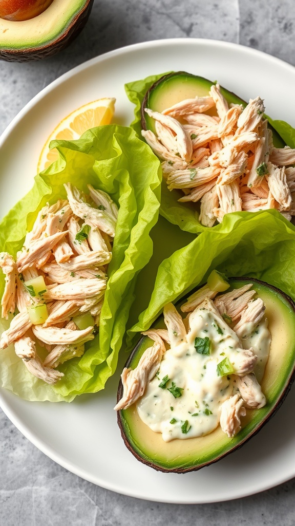 Keto chicken salad served in avocado and lettuce wraps