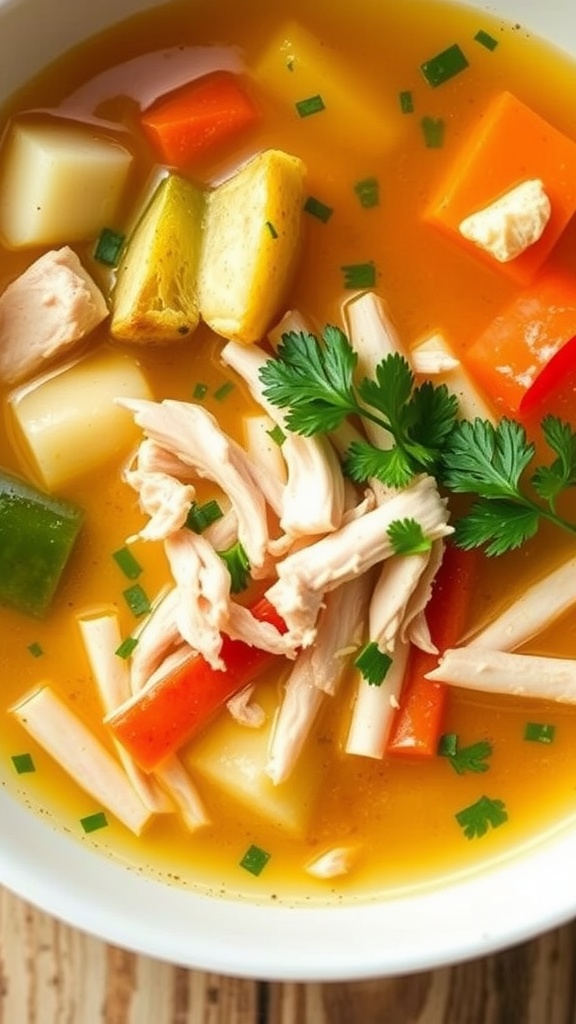 A bowl of colorful keto chicken soup with vegetables and shredded chicken.
