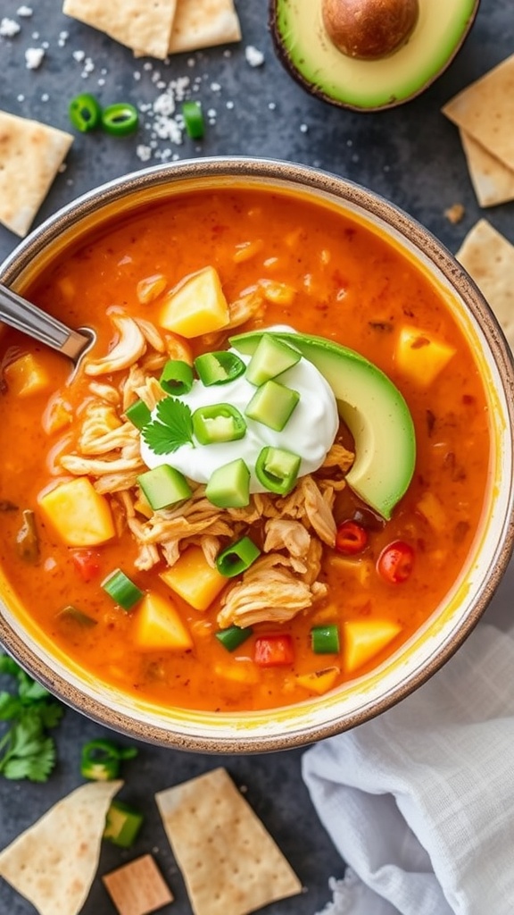 A bowl of Keto Chicken Tortilla Soup topped with avocado slices, sour cream, and green onions.
