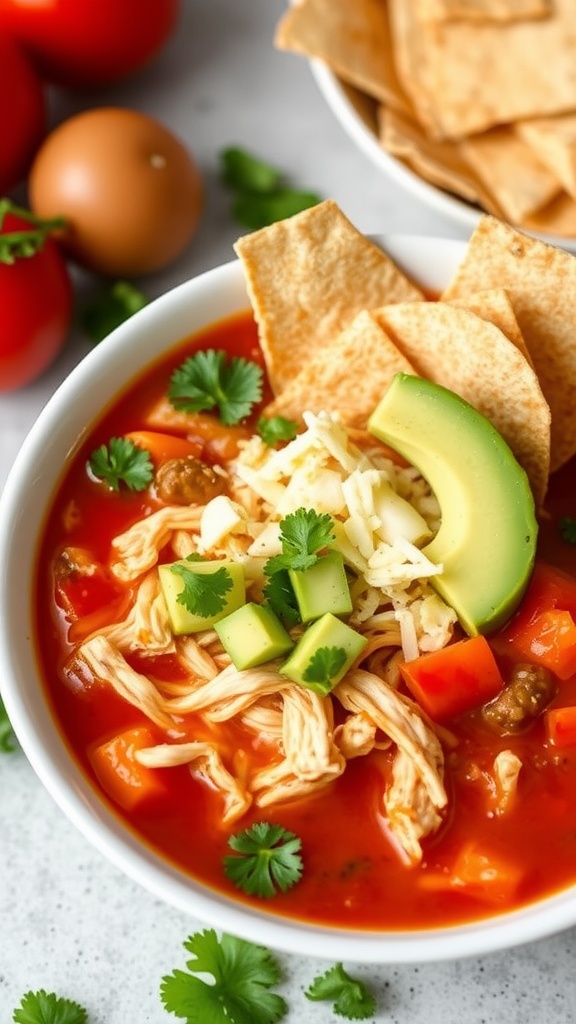 A bowl of Keto Chicken Tortilla Soup with toppings