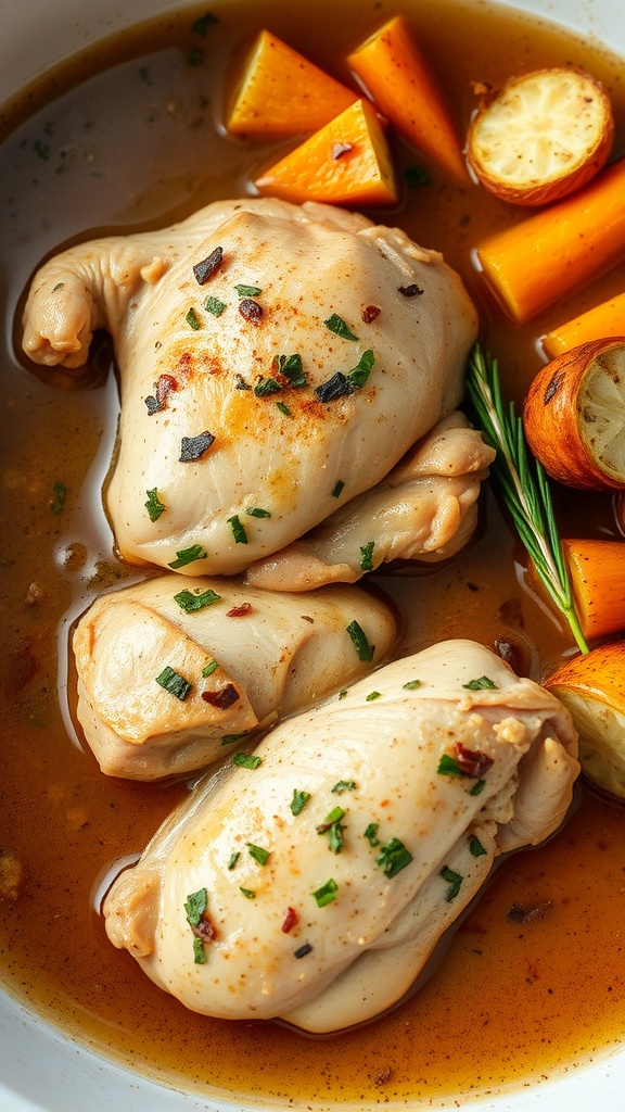 A plate of tender chicken thighs cooked in a flavorful broth with vegetables.