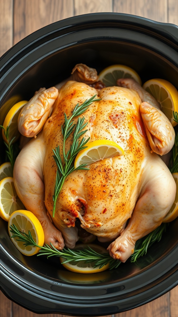 A slow cooker with a whole chicken surrounded by lemon slices and rosemary.