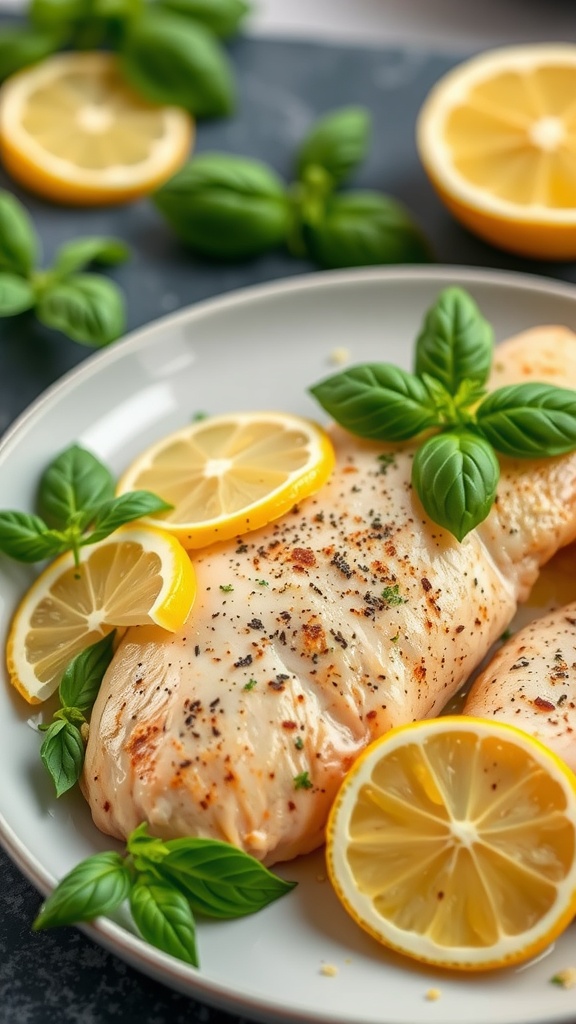 Lemon Basil Chicken with slices of lemon and fresh basil leaves