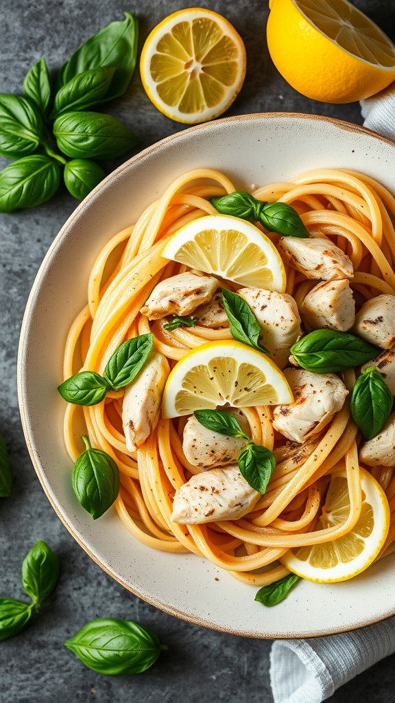 A plate of Lemon Basil Chicken Pasta with lemon slices and fresh basil leaves.