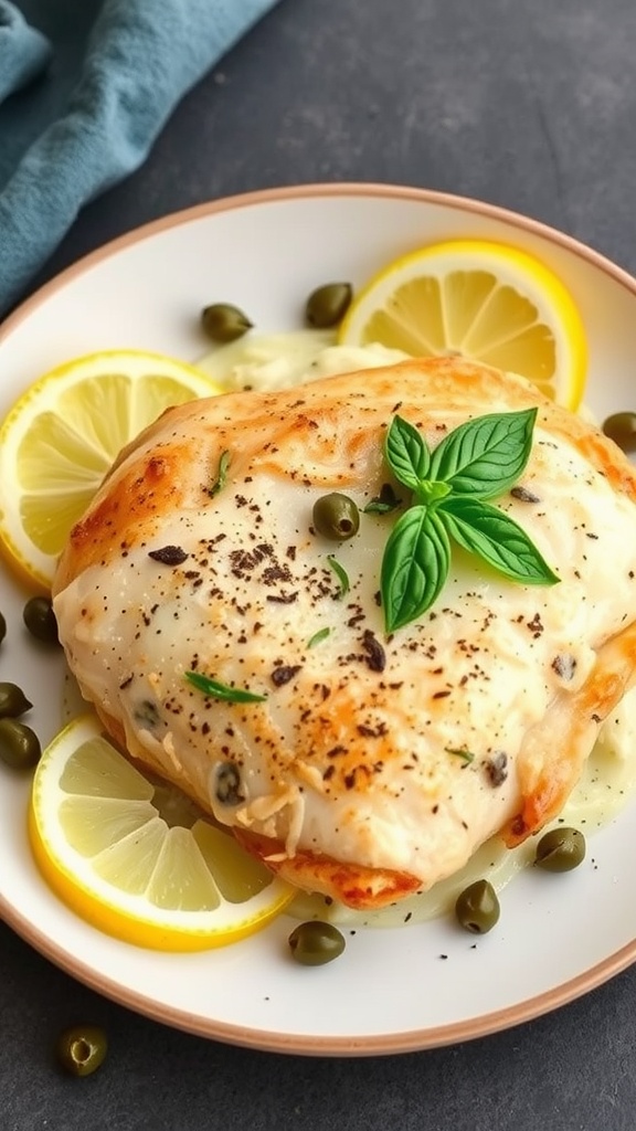 Lemon Basil Chicken Piccata served with lemon slices and capers