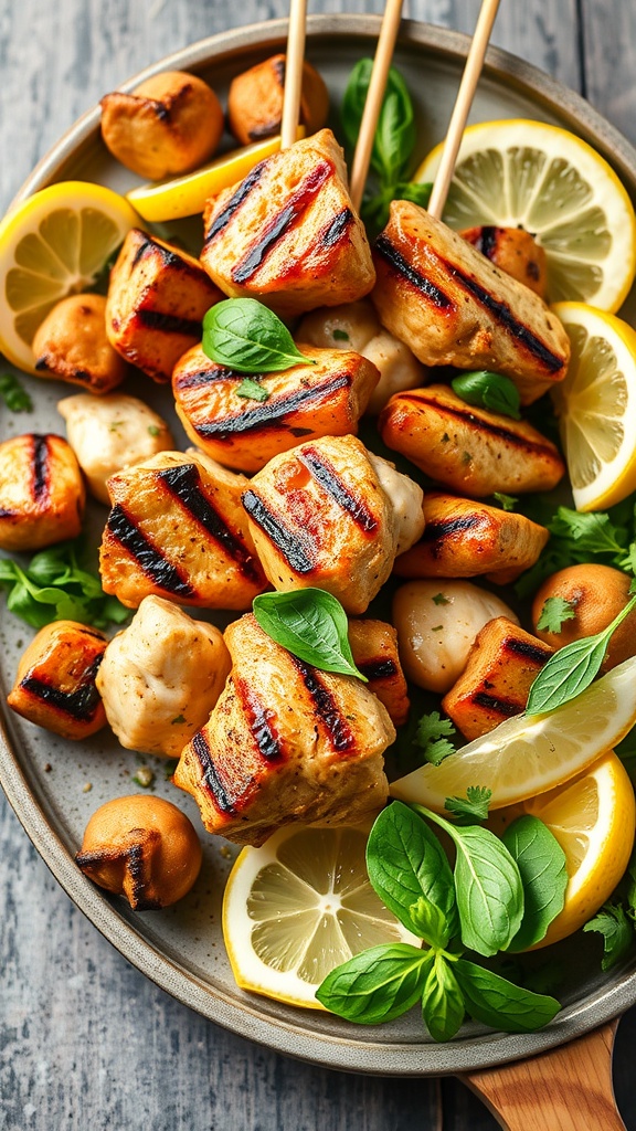 Lemon basil chicken skewers with fresh herbs and lemon slices
