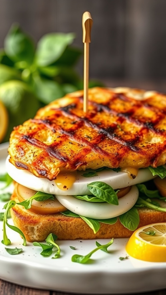 A delicious Lemon Basil Grilled Chicken Sandwich with arugula and a lemon wedge.