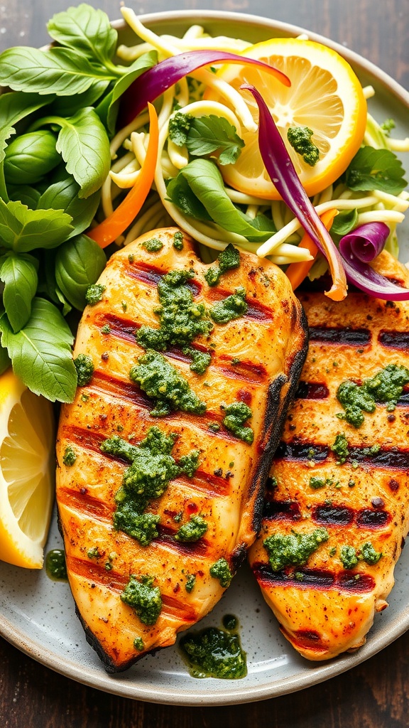 Grilled chicken tenders with lemon and basil pesto, served with a side salad