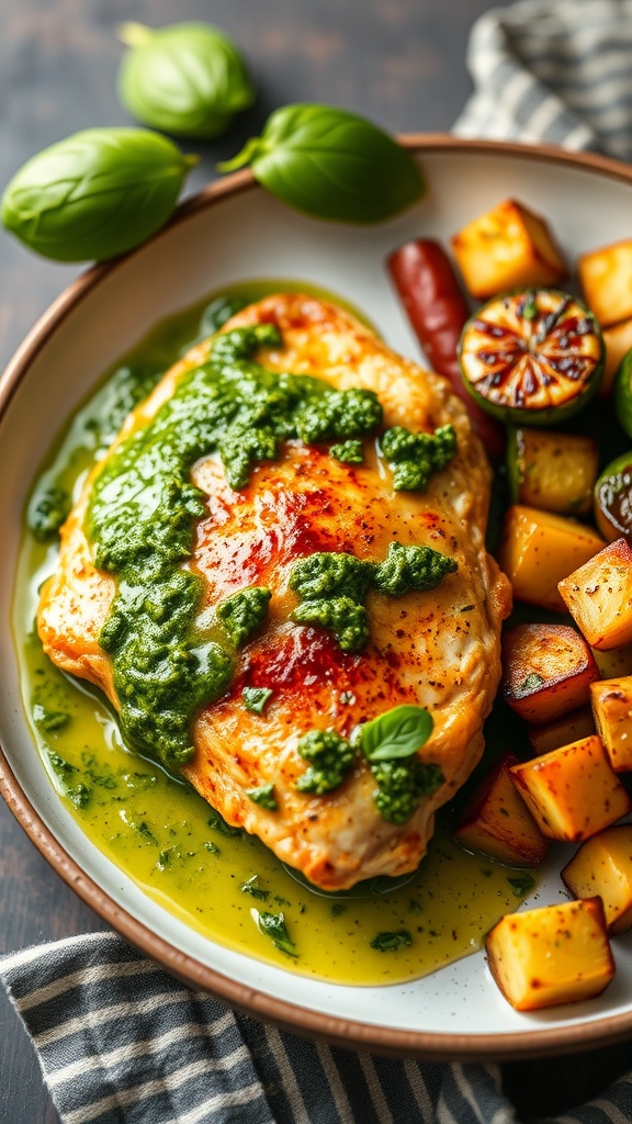 Lemon Basil Pesto Chicken Thighs served with roasted vegetables