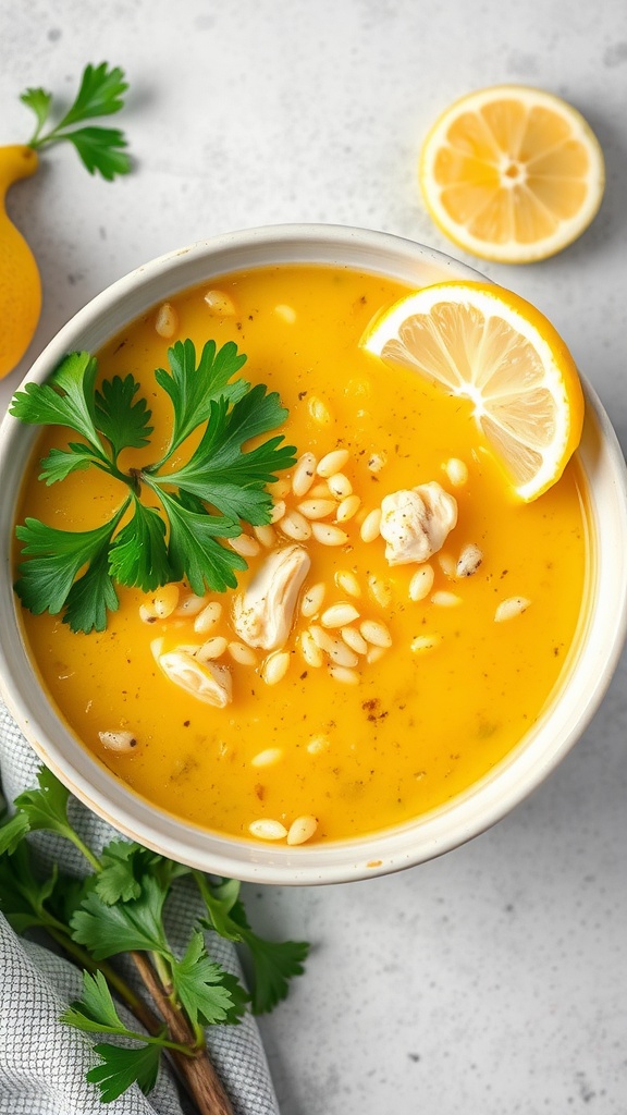 Bowl of lemon chicken orzo soup with lemon and parsley