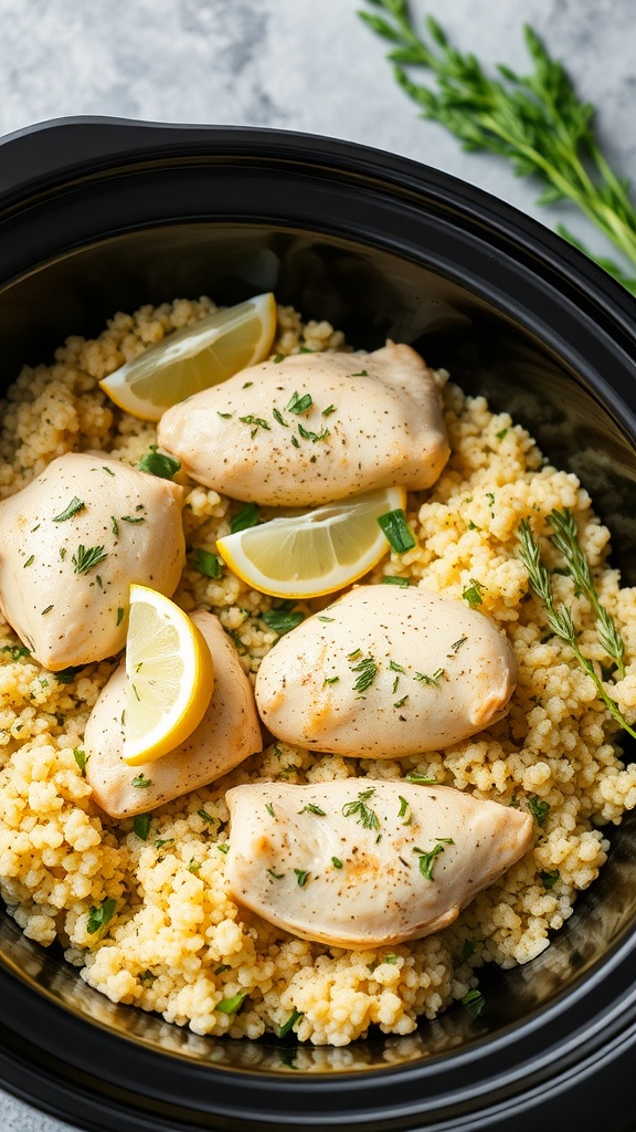 Lemon dill chicken and quinoa dish in a slow cooker