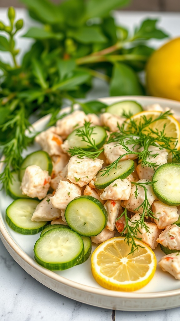 A bowl of Lemon Dill Chicken Salad with slices of cucumber and fresh herbs.