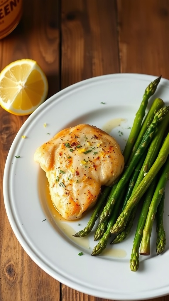 A plate of Lemon Garlic Butter Chicken with asparagus