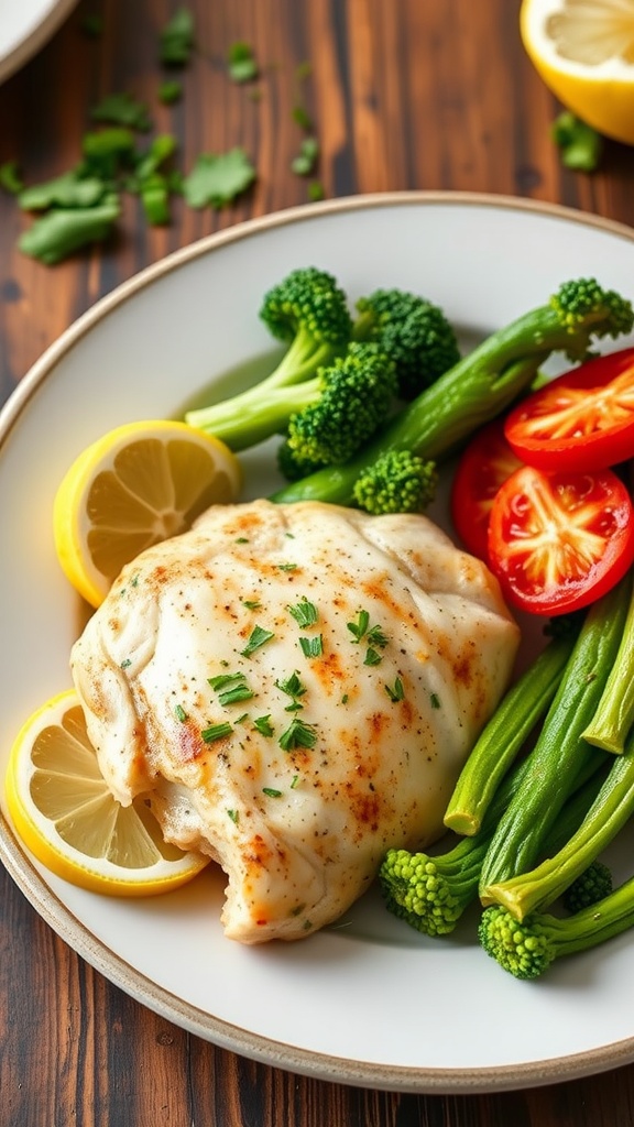 Lemon garlic chicken breast with mixed vegetables on a plate.