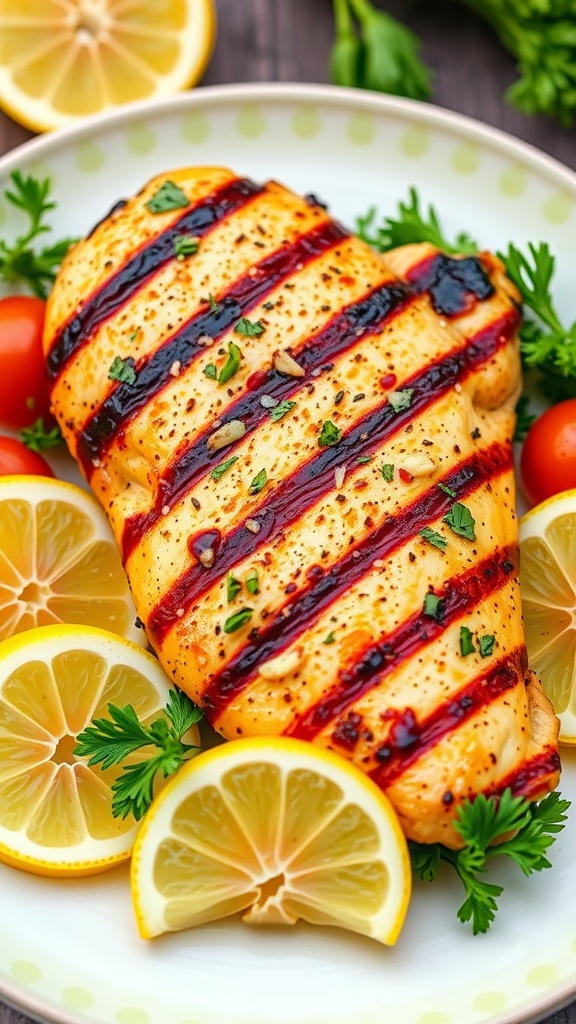 Grilled lemon garlic chicken with lemon slices and fresh herbs.