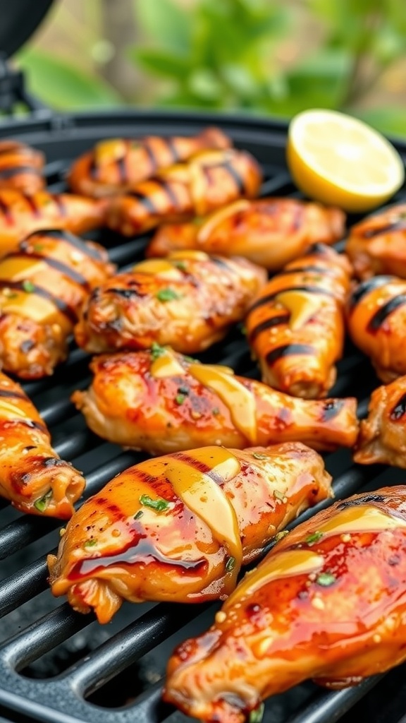 Lemon garlic grilled chicken wings on a grill