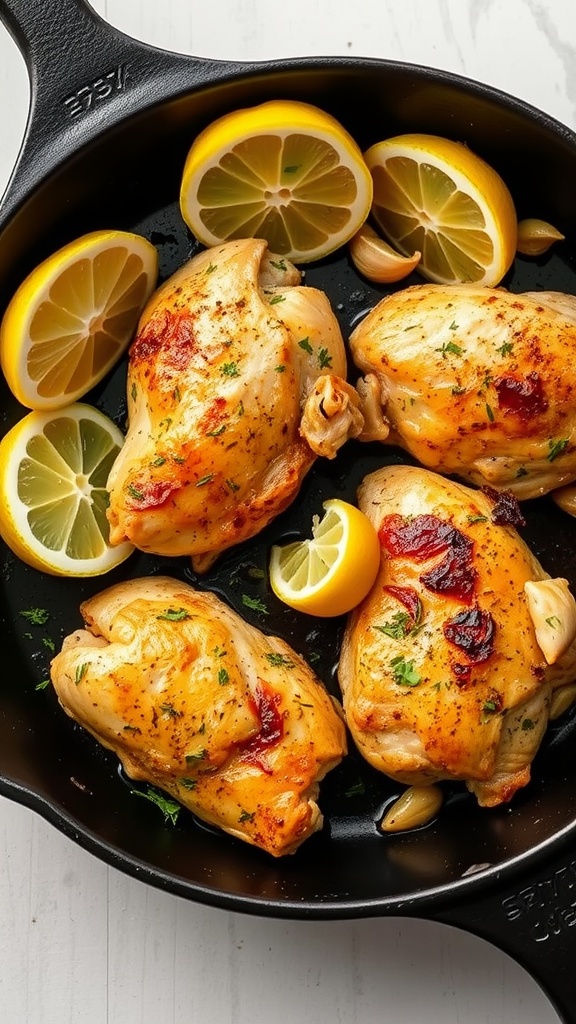 Juicy lemon garlic roasted chicken thighs with slices of lemon