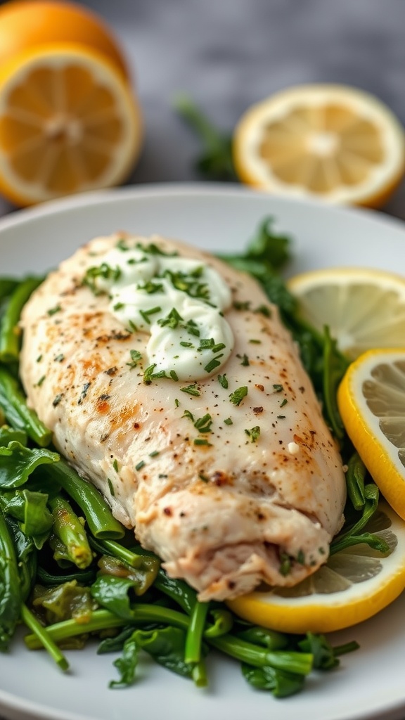 Lemon Herb and Garlic Stuffed Chicken served on a plate with greens and lemon slices.