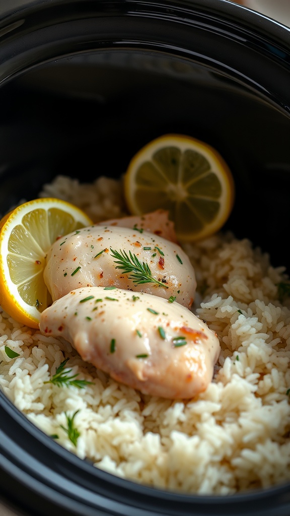 A delicious lemon herb chicken served on a bed of rice with fresh lemon slices.