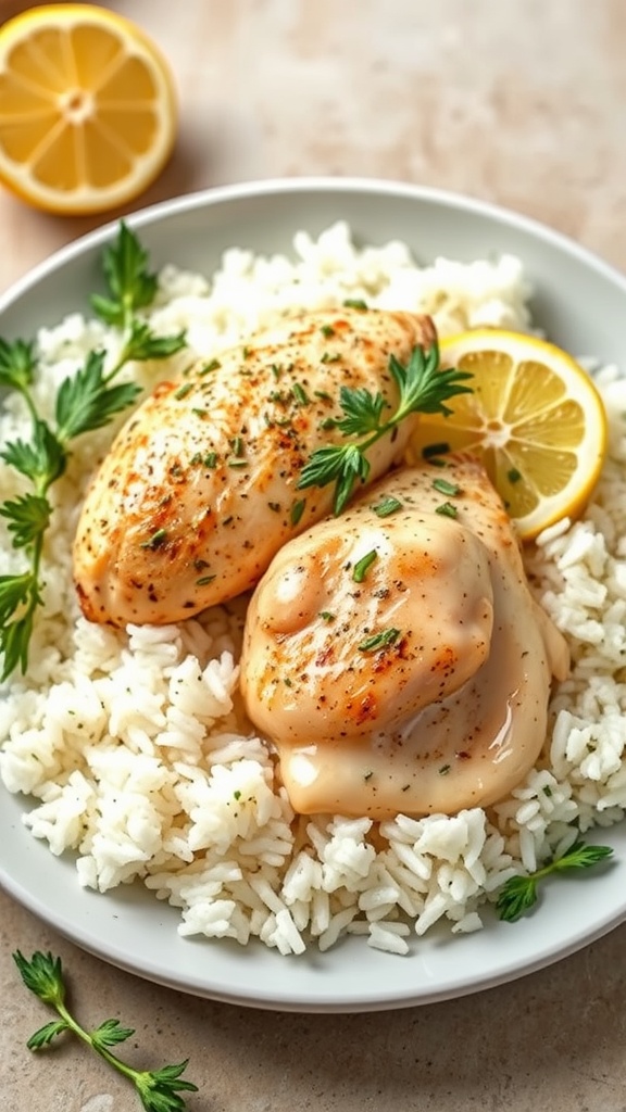 Delicious Lemon Herb Chicken served with rice and lemon slices