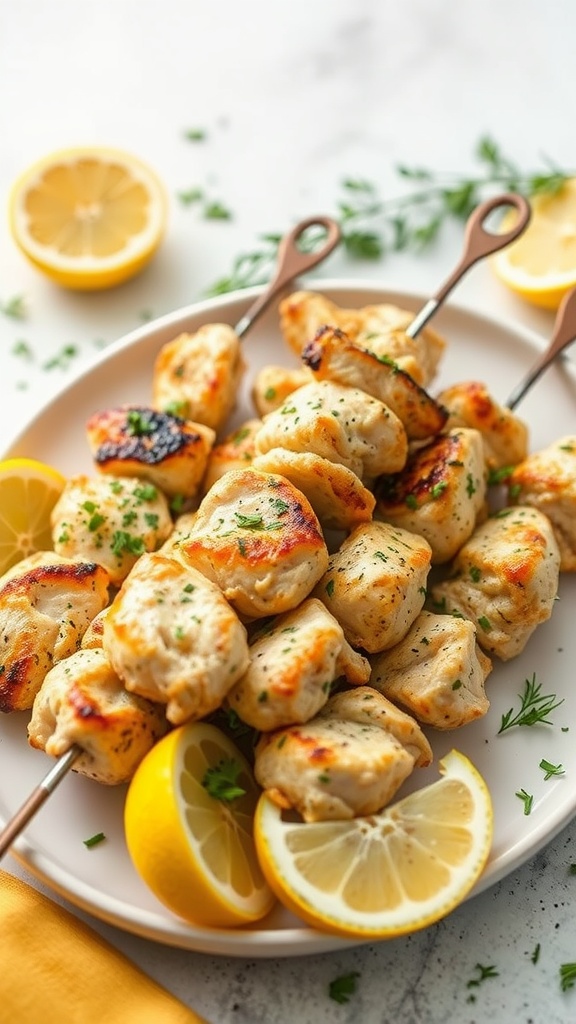 Delicious Lemon Herb Chicken Kabobs served on a plate with lemon slices.
