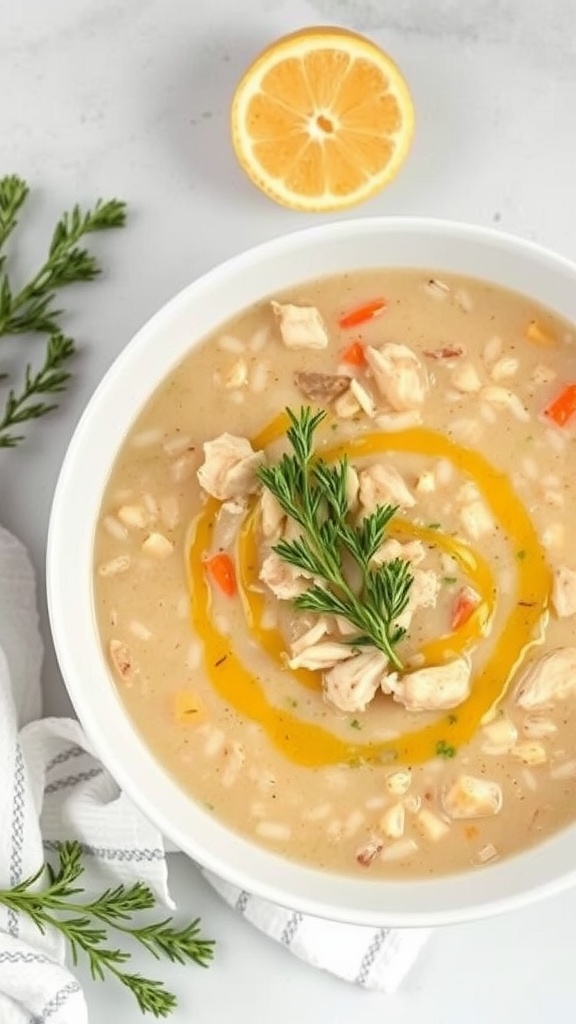 A bowl of lemon herb chicken rice soup garnished with fresh herbs.