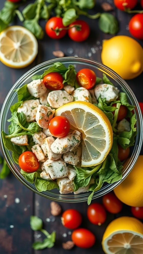 A vibrant bowl of lemon herb chicken salad with greens, cherry tomatoes, and lemon slices