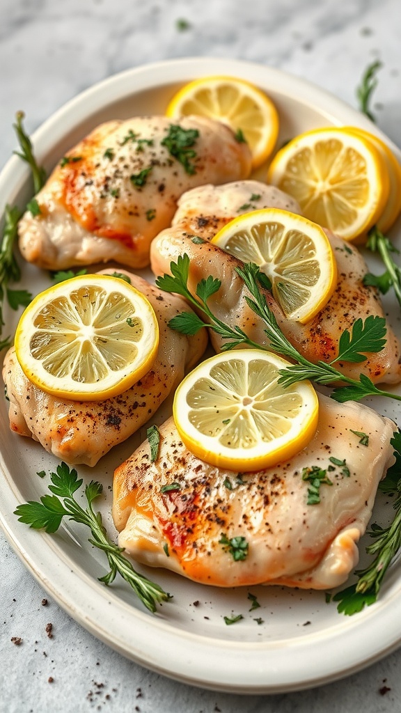 Crockpot Lemon Herb Chicken Thighs with lemon slices and herbs
