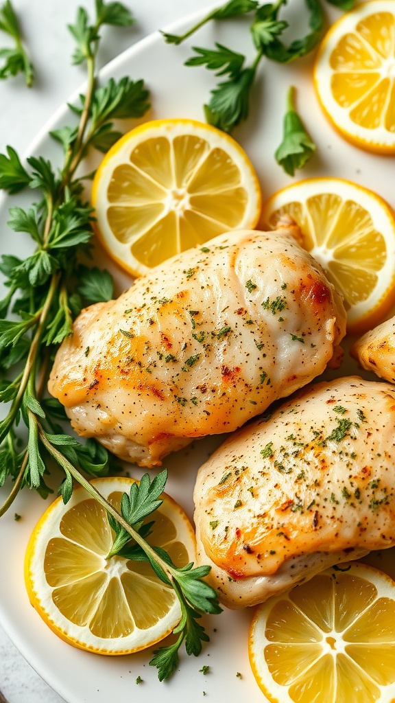 Lemon Herb Chicken Thighs served with lemon slices and herbs.