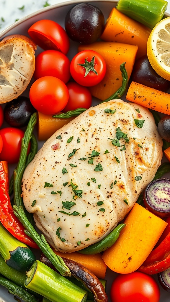 Lemon Herb Chicken with seasonal vegetables in a bowl.