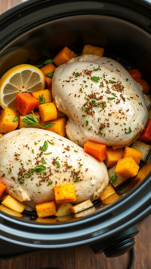 A slow cooker filled with lemon herb chicken and colorful vegetables.